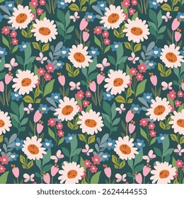 Seamless floral pattern, liberty ditsy print of cute hand drawn wild plants. Pretty botanical design with summer meadow, small chamomile flowers, tiny green leaves, blooming field. Vector illustration