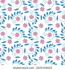 Seamless floral pattern, liberty ditsy print, nature ornament in a romantic motif. Cute botanical design, delicate flower wallpaper: hand drawn small pink flowers on white. Vector illustration