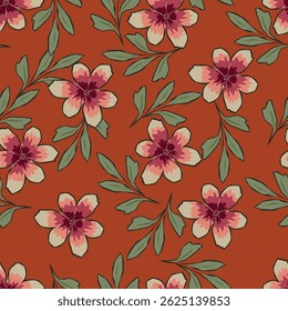 Seamless floral pattern, liberty ditsy print, nature ornament in a romantic motif. Cute botanical design, delicate flower wallpaper: hand drawn small pink flowers on white. Vector illustration