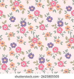 Seamless floral pattern, liberty ditsy print in romantic rustic motif. Cute botanical design in delicate colors. Small hand drawn flowers, tiny leaves, simple pretty bouquets. Vector illustration.