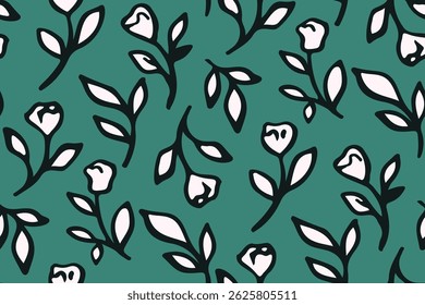 Motif floral harmonieux, impression Liberty Ditsy de plantes dessinées à contours simples. Design botanique mignon en motif gribouillis, petites fleurs dessinées à la main, minuscules feuilles abstraites sur fond vert. Illustration vectorielle.