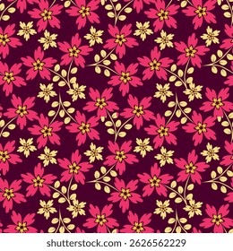 Seamless floral pattern, liberty ditsy print with cute large botany in retro folk style. Beautiful botanical design of hand drawn wild plants: flowers, leaves on black background. Vector illustration