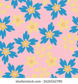 Seamless floral pattern, liberty ditsy print with cute large botany in retro folk style. Beautiful botanical design of hand drawn wild plants: flowers, leaves on black background. Vector illustration