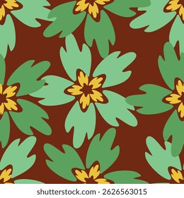 Seamless floral pattern, liberty ditsy print with cute large botany in retro folk style. Beautiful botanical design of hand drawn wild plants: flowers, leaves on black background. Vector illustration