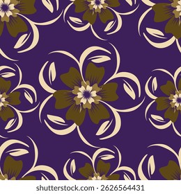 Seamless floral pattern, liberty ditsy print with cute large botany in retro folk style. Beautiful botanical design of hand drawn wild plants: flowers, leaves on black background. Vector illustration