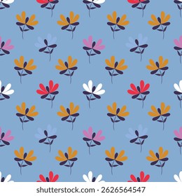 Seamless floral pattern, liberty ditsy print with cute large botany in retro folk style. Beautiful botanical design of hand drawn wild plants: flowers, leaves on black background. Vector illustration