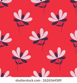 Seamless floral pattern, liberty ditsy print with cute large botany in retro folk style. Beautiful botanical design of hand drawn wild plants: flowers, leaves on black background. Vector illustration