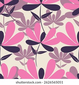 Seamless floral pattern, liberty ditsy print with cute large botany in retro folk style. Beautiful botanical design of hand drawn wild plants: flowers, leaves on black background. Vector illustration