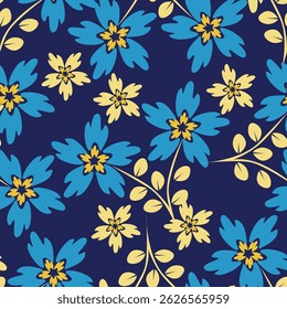 Seamless floral pattern, liberty ditsy print with cute large botany in retro folk style. Beautiful botanical design of hand drawn wild plants: flowers, leaves on black background. Vector illustration