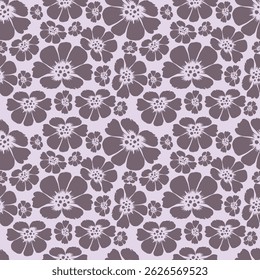Seamless floral pattern, liberty ditsy print with cute large botany in retro folk style. Beautiful botanical design of hand drawn wild plants: flowers, leaves on black background. Vector illustration