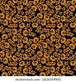 Seamless floral pattern, liberty ditsy print with cute large botany in retro folk style. Beautiful botanical design of hand drawn wild plants: flowers, leaves on black background. Vector illustration