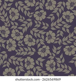 Seamless floral pattern, liberty ditsy print with cute large botany in retro folk style. Beautiful botanical design of hand drawn wild plants: flowers, leaves on black background. Vector illustration