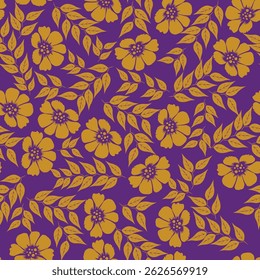 Seamless floral pattern, liberty ditsy print with cute large botany in retro folk style. Beautiful botanical design of hand drawn wild plants: flowers, leaves on black background. Vector illustration