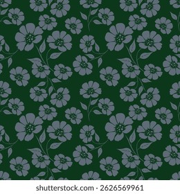 Seamless floral pattern, liberty ditsy print with cute large botany in retro folk style. Beautiful botanical design of hand drawn wild plants: flowers, leaves on black background. Vector illustration