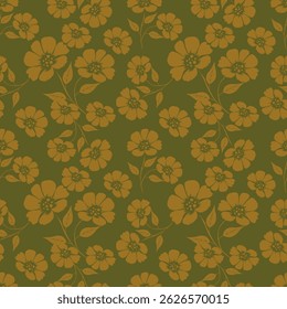 Seamless floral pattern, liberty ditsy print with cute large botany in retro folk style. Beautiful botanical design of hand drawn wild plants: flowers, leaves on black background. Vector illustration