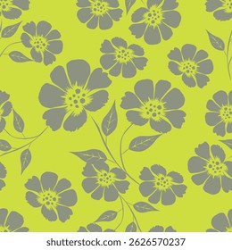 Seamless floral pattern, liberty ditsy print with cute large botany in retro folk style. Beautiful botanical design of hand drawn wild plants: flowers, leaves on black background. Vector illustration