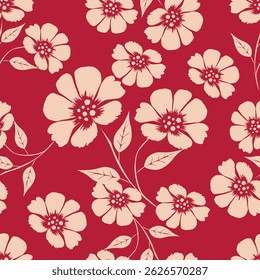Seamless floral pattern, liberty ditsy print with cute large botany in retro folk style. Beautiful botanical design of hand drawn wild plants: flowers, leaves on black background. Vector illustration