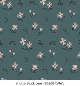 Padrão floral contínuo, liberdade ditsy impressão em vintage, antigo motivo. Design botânico elegante de pequenas flores desenhadas à mão, folhas de esboço minúsculo abstrato no campo escuro. Ilustração vetorial.