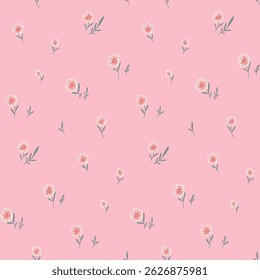 Seamless floral pattern, liberty ditsy print with mini cute flowers in pink colors. Pretty girly botanical design of small hand drawn flowers, tiny leaves, simple plants abstract. Vector illustration.