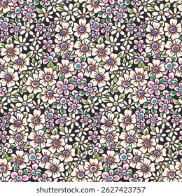 Seamless floral pattern, liberty ditsy print of chamomile field in retro motif. Botanical design of hand drawn wild meadow, small daisy flowers, tiny leaves abstract on dark field. Vector illustration