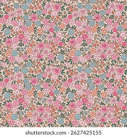 Seamless floral pattern, liberty ditsy print with cute summer meadow flowers. Pretty botanical design for textile, paper. Small hand drawn flowers, tiny leaves on a pink background. Stock vector 