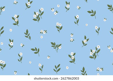 Seamless floral pattern, liberty ditsy print in romantic country motif. Cute botanical design of small hand drawn plants, tiny white flowers, mini leaves abstractly on blue field. Vector illustration.