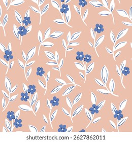 Seamless floral pattern, liberty ditsy print in delicate natural colors. Stylish botanical design of simple hand drawn wild plants, small flowers, leaf silhouettes on beige field. Vector illustration.