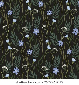 Seamless floral pattern, liberty ditsy print of hand drawn wildflowers on dark green field. Elegant botanical design in vintage motif. Pattern of small flowers, tiny herbs, leaves. Vector illustration