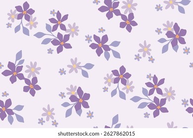 Patrón floral sin fisuras, impresión sucia de la libertad en colores delicados románticos. Diseño botánico bonito de Pequeñas flores púrpuras dibujadas a mano, hojas diminutas, ramos simples en el campo de luz. Ilustración vectorial.