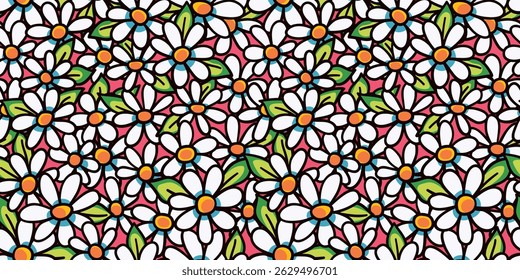 Seamless floral pattern, liberty ditsy print with small chamomiles in doodle motif. Cute colorful botanical design of hand drawn meadow, tiny daisy flowers, leaves, mini plants. Vector illustration.