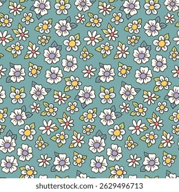 Padrão floral contínuo, liberdade ditsy impressão em romântico motivo retrô. Design de superfície botânica bonito de pequenas flores margaridas desenhadas à mão, camomilas, folhas minúsculas abstratas. Ilustração vetorial.