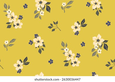 Seamless floral pattern, liberty ditsy print in vintage motif. Elegant botanical design of small hand drawn plants, simple white flowers, leaves, tiny bouquets abstract on yellow. Vector illustration.