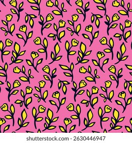 Seamless floral pattern, liberty ditsy print in doodle motif. Cute botanical design in bright colors. Small hand drawn plants, simple outline drawing flowers, tiny leaves on pink. Vector illustration.