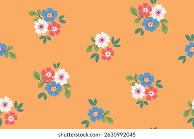 Padrão floral contínuo, liberdade ditsy impressão no motivo folk. Design botânico bonito de pequenas flores margaridas desenhadas à mão, folhas minúsculas, buquês simples em fundo amarelo. Ilustração vetorial.