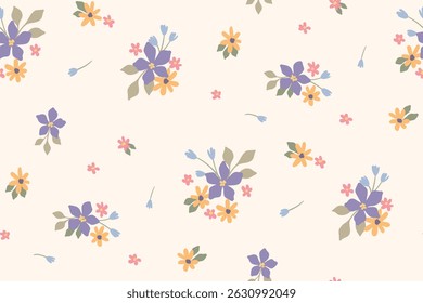Padrão floral contínuo, impressão ditsy liberdade em cores pastel delicadas. Projeto botânico romântico de pequenas plantas desenhadas à mão, flores lilases, folhas minúsculas, buquês simples abstrato. Ilustração vetorial.