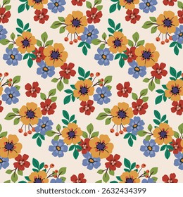 Seamless floral pattern, liberty ditsy print with simple bouquets in folk style. Cute botanical design of small hand drawn daisy flowers, tiny leaves. Country fashion flower print. Vector illustration