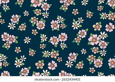 Seamless floral pattern, liberty ditsy print with cute tiny chamomiles. Pretty botanical design of hand drawn simple plants, small flowers, leaves, mini bouquets, dark blue field. Vector illustration.