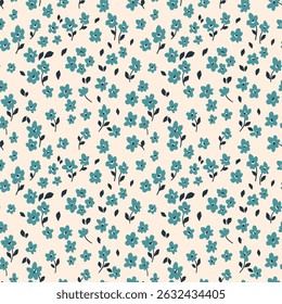 Seamless floral pattern, liberty ditsy print with mini blue flowers. Botanical design for fabric, textile in pretty motif. Small simple hand drawn flowers, tiny leaves abstract. Vector illustration.