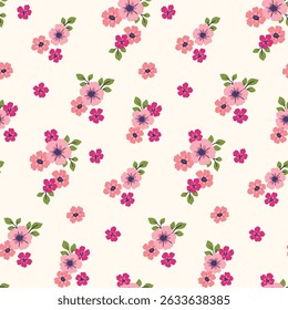 Seamless floral pattern, liberty ditsy print of pretty hand drawn bouquets. Romantic botanical design with small pink flowers, tiny leaves, simple bouquets on white field. Vector illustration.