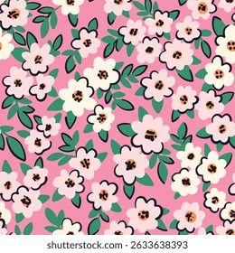 Seamless floral pattern, liberty ditsy print in cute girly motif. Pretty botanical surface design with small hand drawn daisy flowers, tiny green leaves on pink background. Vector illustration.
