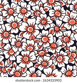 Seamless floral pattern, liberty ditsy print in retro motif. Cute botanical design with simple line art plants. Small hand drawn daisy flowers, tiny leaves abstract on dark field. Vector illustration.
