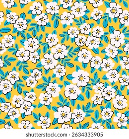 Seamless floral pattern, liberty ditsy print in bright colors. Cute botanical design with simple hand drawn plants. Small white flowers, tiny green leaves on yellow background. Vector illustration.