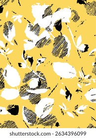 Seamless floral pattern, liberty ditsy print, abstract ornament of simple hand drawn plants. Cute botanical design in folk motif: small daisy flowers, tiny leaves, bouquets. 