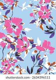 Seamless floral pattern, liberty ditsy print, abstract ornament of simple hand drawn plants. Cute botanical design in folk motif: small daisy flowers, tiny leaves, bouquets. 