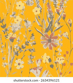 Seamless floral pattern, liberty ditsy print, abstract ornament of simple hand drawn plants. Cute botanical design in folk motif: small daisy flowers, tiny leaves, bouquets. 