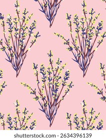 Seamless floral pattern, liberty ditsy print, abstract ornament of simple hand drawn plants. Cute botanical design in folk motif: small daisy flowers, tiny leaves, bouquets. 