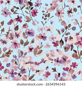 Seamless floral pattern, liberty ditsy print, abstract ornament of simple hand drawn plants. Cute botanical design in folk motif: small daisy flowers, tiny leaves, bouquets. 