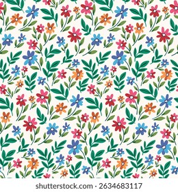 Padrão floral contínuo, liberdade ditsy impressão de colorido prado de verão. Papel de parede botânico bonito, design têxtil com pequenas flores desenhadas à mão, folhas verdes minúsculas em abstrato. Ilustração vetorial.
