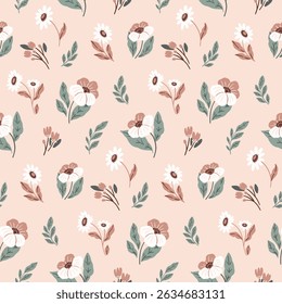Seamless floral pattern, liberty ditsy print, nature ornament in delicate folk motif. Neutral botanical design of large hand drawn flowers, small leaves on beige background. Vector illustration.