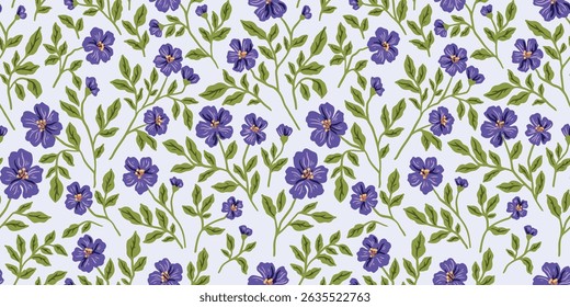 Seamless floral pattern, liberty ditsy print, simple nature ornament in vintage motif. Botanical wallpaper design of small hand drawn purple flowers, leaves, branches in abstract. Vector illustration.